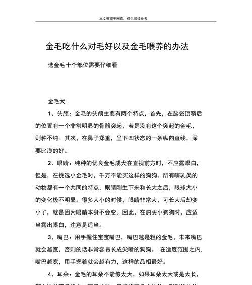 金毛犬育宝宝的饮食指南（为您的金毛宝宝提供营养均衡的食物）